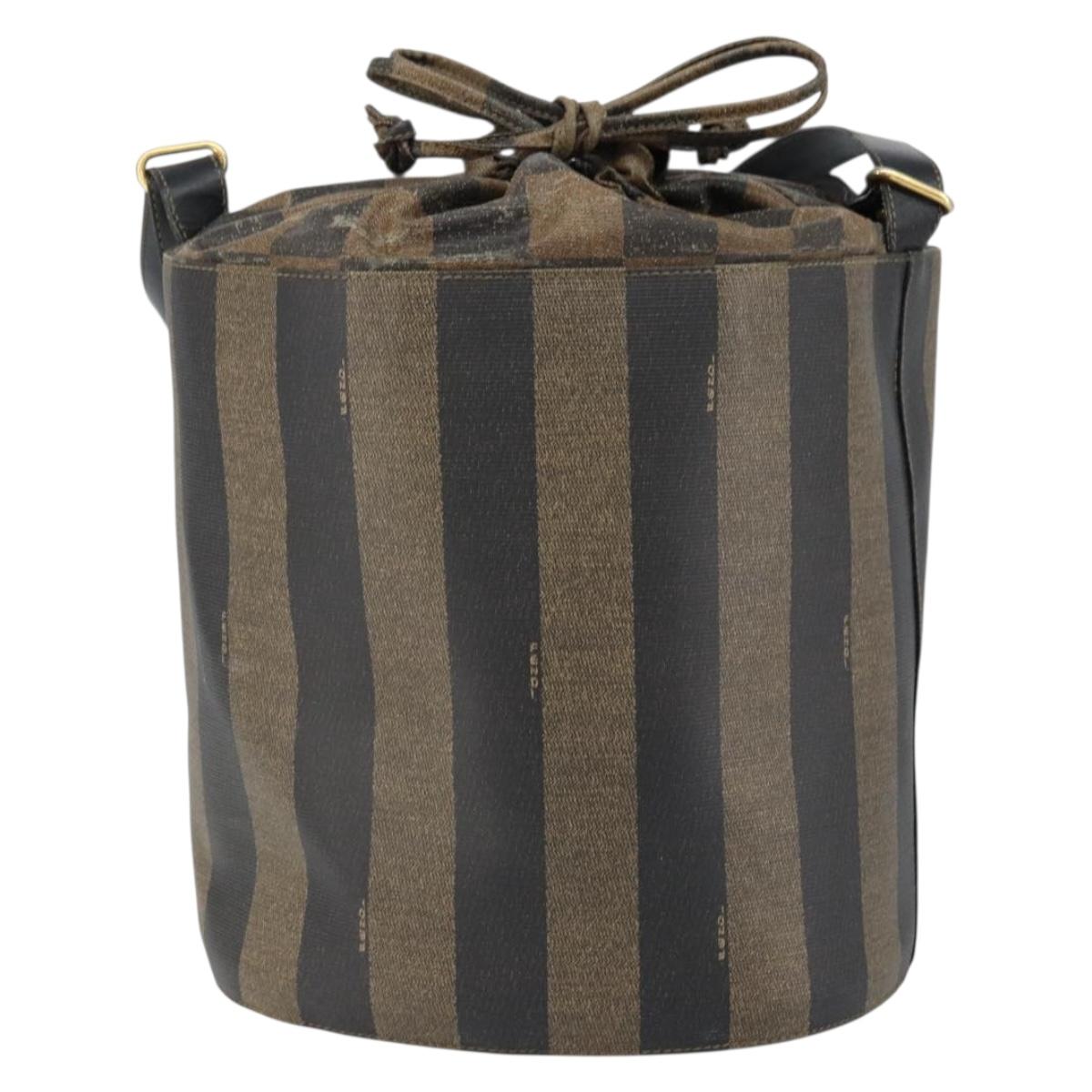 FENDI Pecan Canvas Shoulder Bag PVC Black Brown Auth 146897