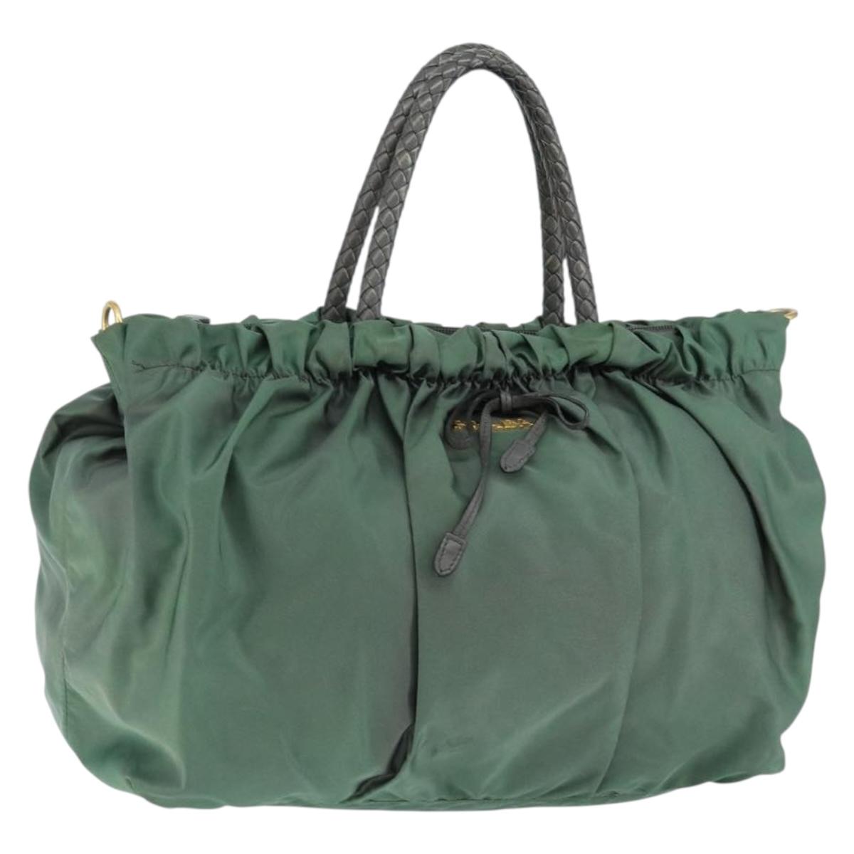 PRADA Hand Bag Nylon Green Gold Auth 146925