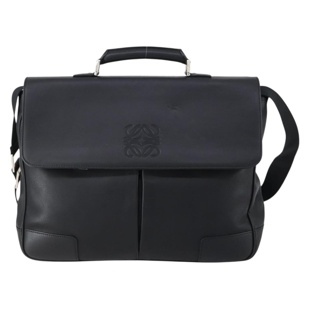 LOEWE Anagram Business Bag Leather 2way Black Silver Auth 146935