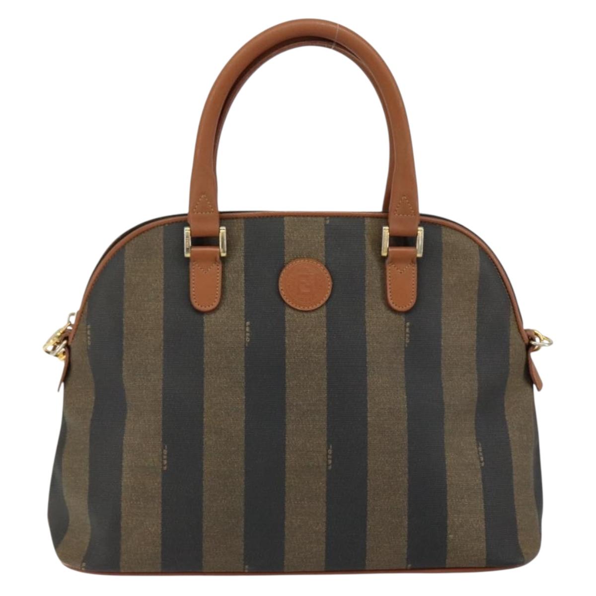 FENDI Pecan Canvas Hand Bag PVC 2way Black Brown Auth 146951