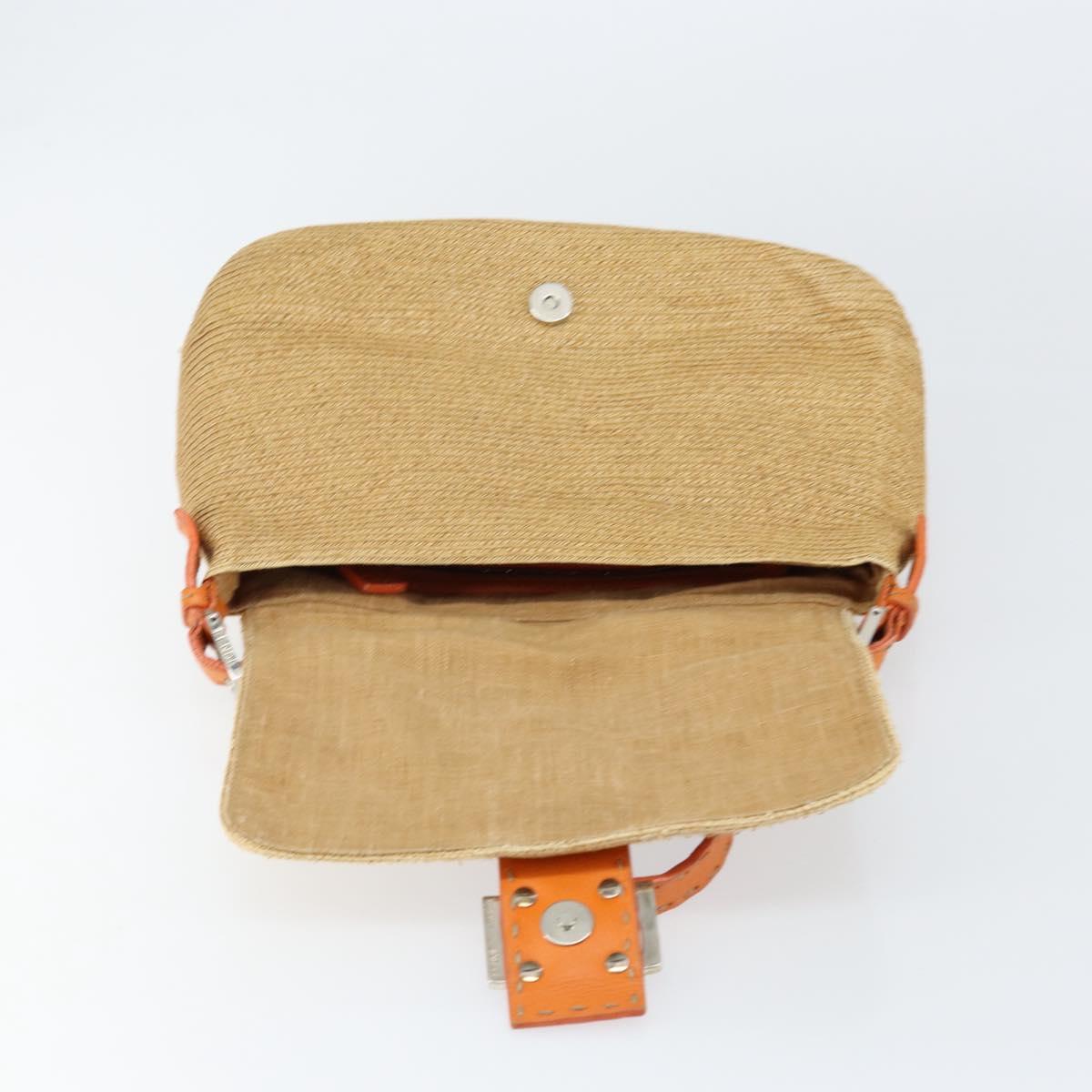 FENDI Celeria Mamma Baguette Shoulder Bag Raffia Beige Silver Auth 146952