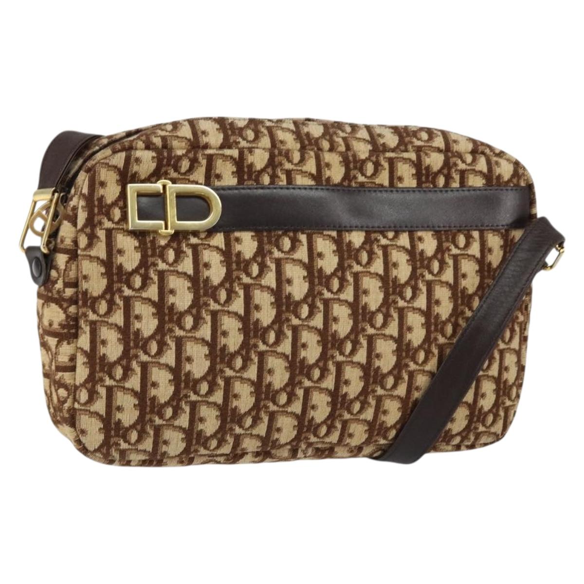 Christian Dior Trotter Canvas Shoulder Bag Brown Gold Auth 146954