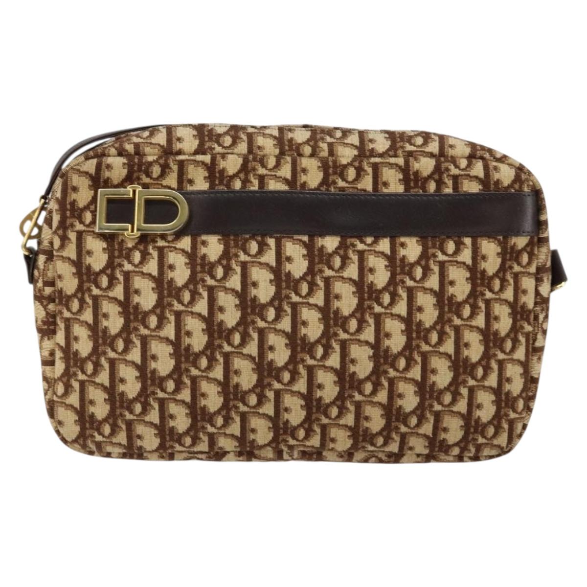 Christian Dior Trotter Canvas Shoulder Bag Brown Gold Auth 146954