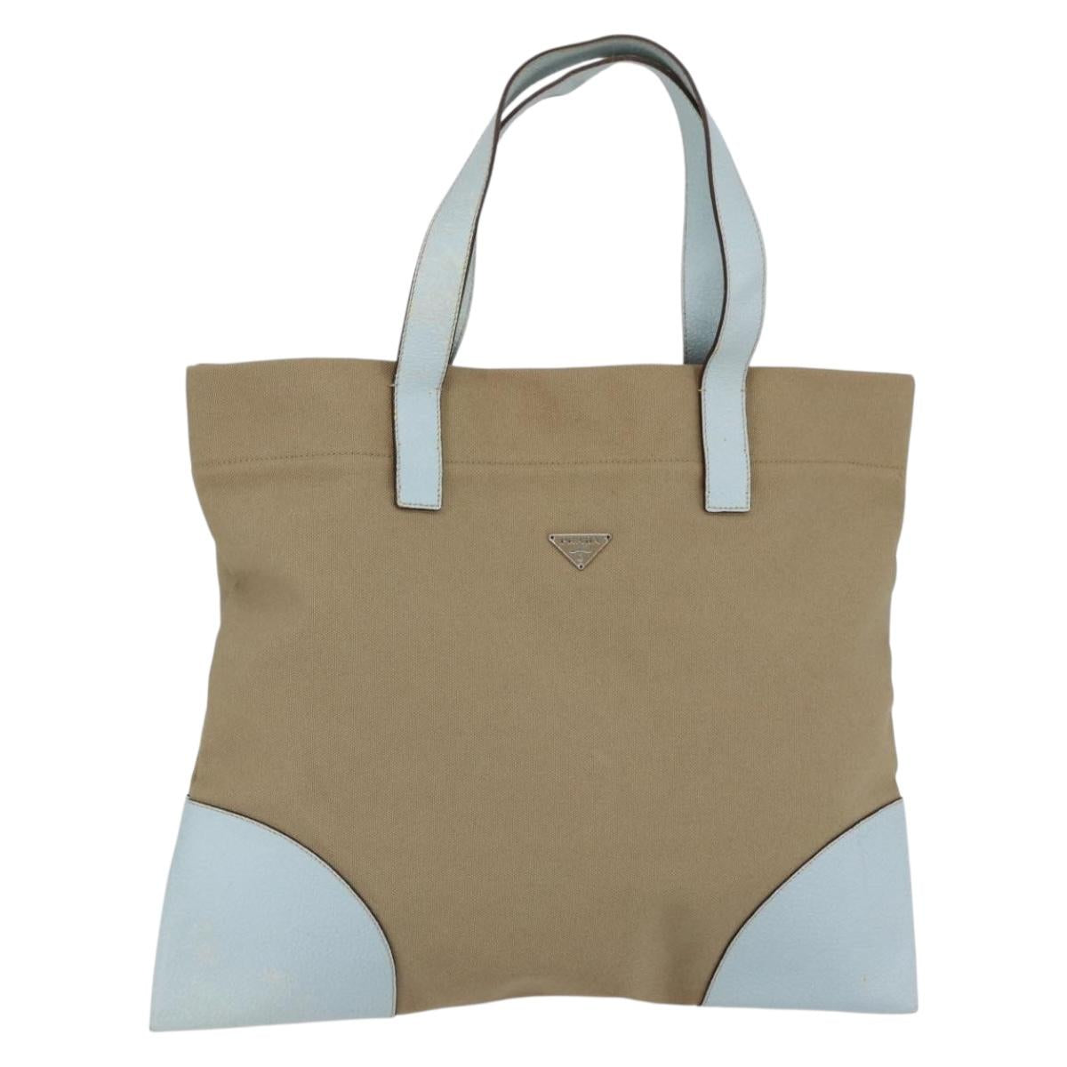 PRADA Hand Bag Canvas Beige Silver Auth 146982