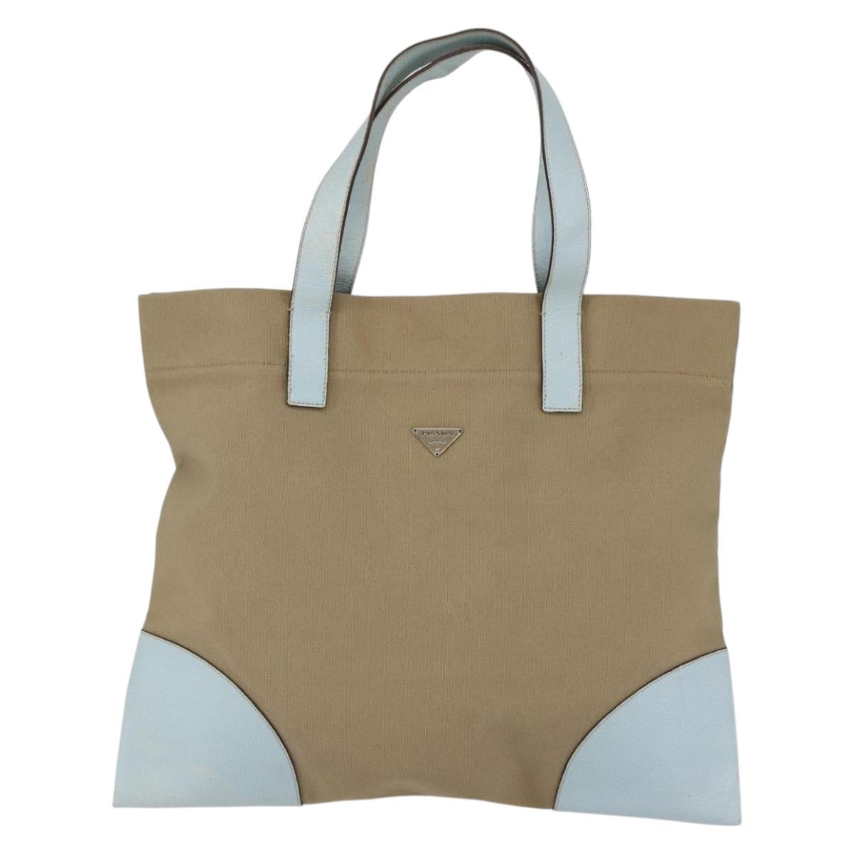 PRADA Hand Bag Canvas Beige Silver Auth 146982