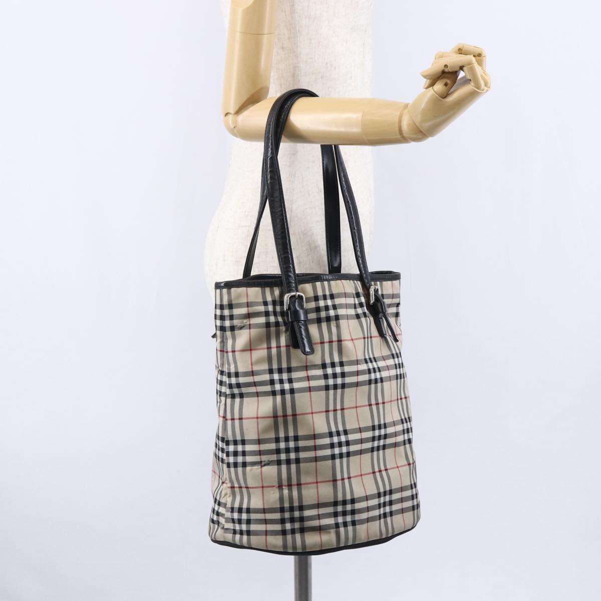 BURBERRY Nova Check Tote Bag Nylon Beige Silver Auth 146983