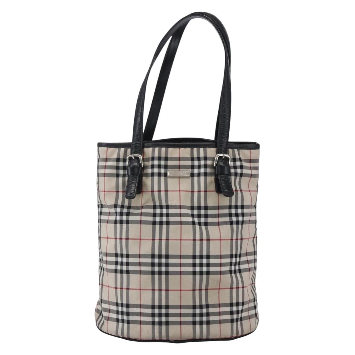 BURBERRY Nova Check Tote Bag Nylon Beige Silver Auth 146983