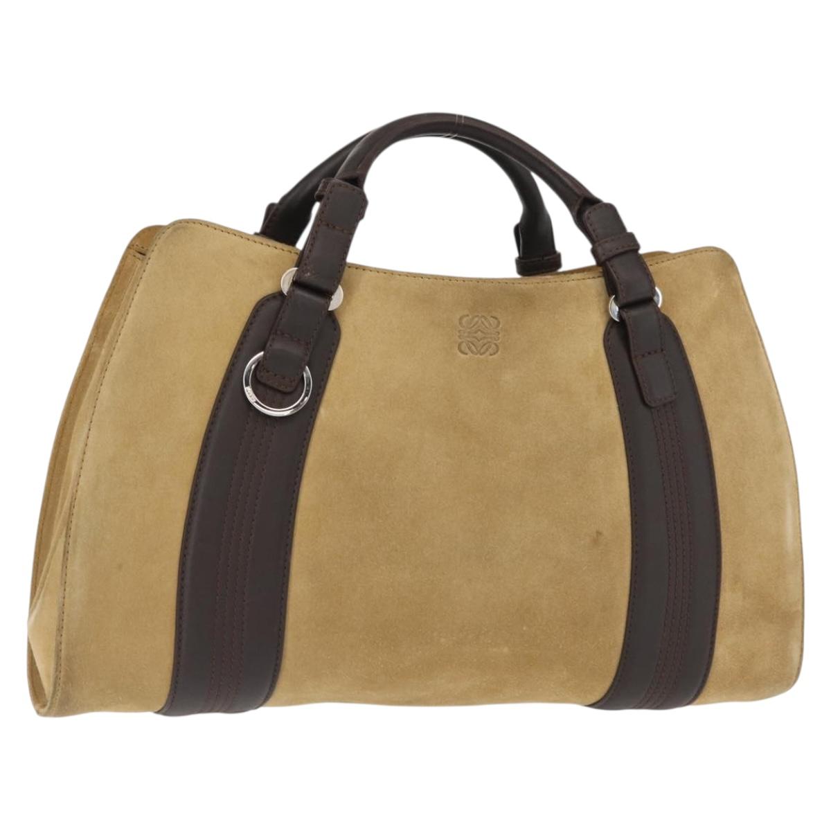 LOEWE Anagram Hand Bag Suede Beige Gold Auth 146998