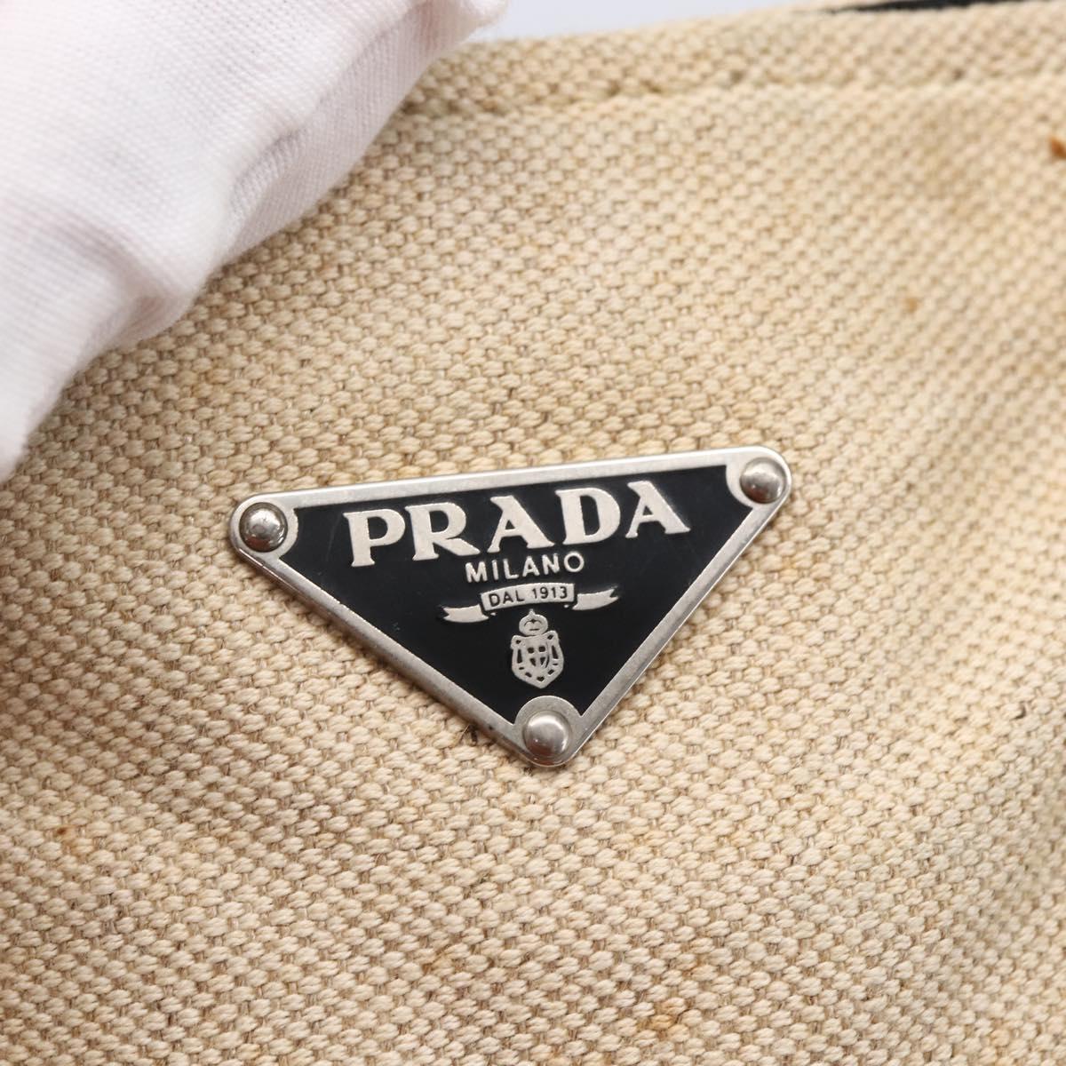 PRADA Hand Bag Canvas Beige Silver Auth 147009
