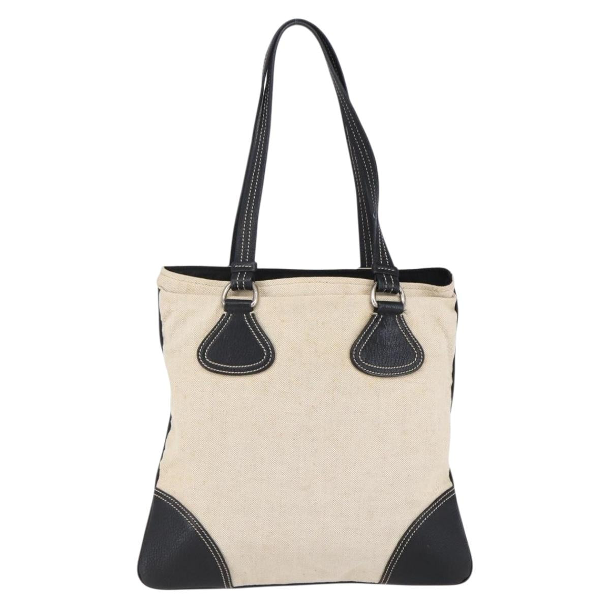 PRADA Hand Bag Canvas Beige Silver Auth 147009