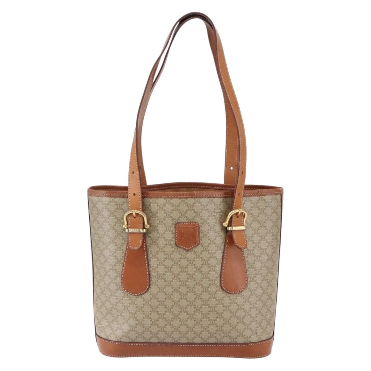 CELINE Macadam Canvas Tote Bag PVC Beige Gold Auth 147075