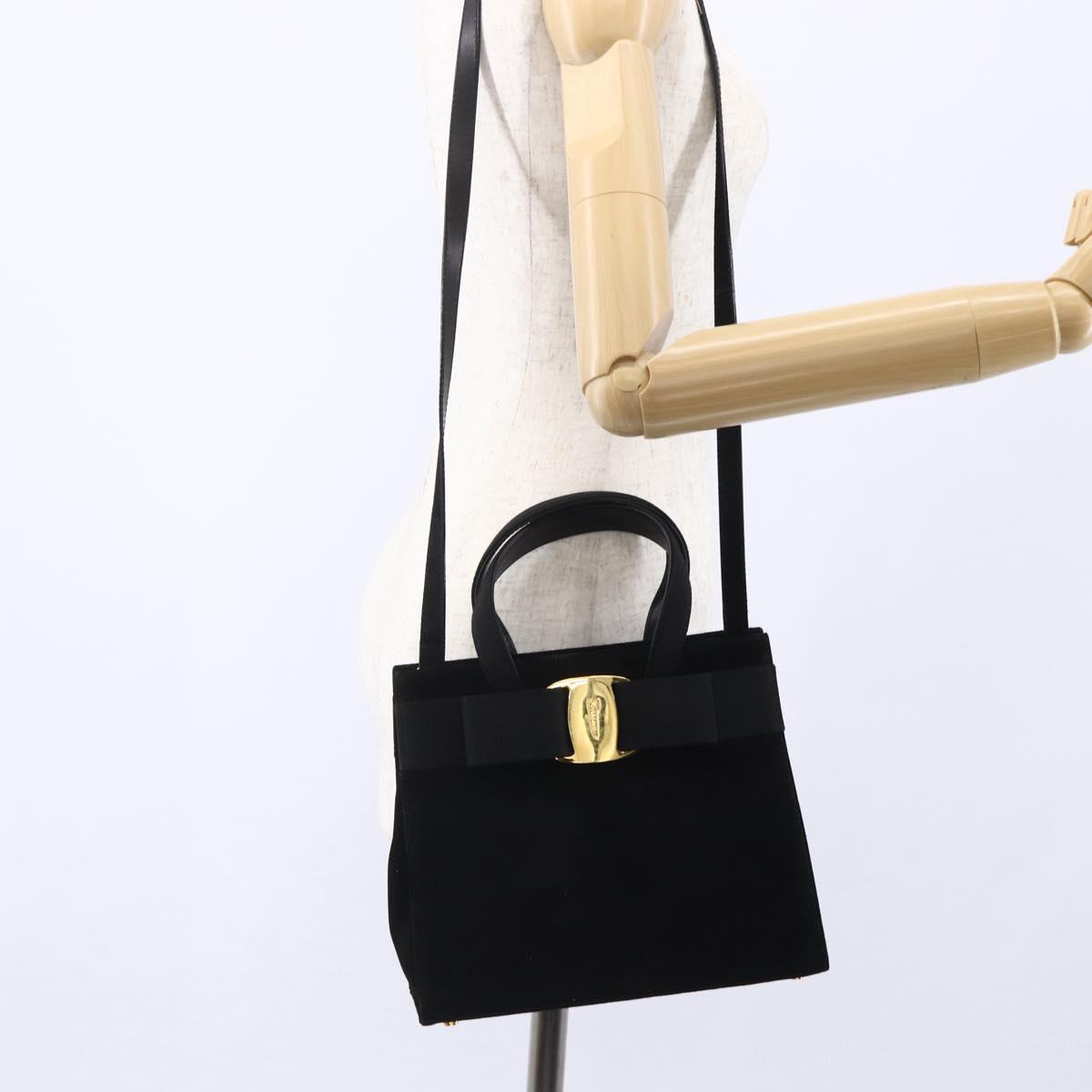 Salvatore Ferragamo Vala Hand Bag Suede 2way Black Gold Auth 147079