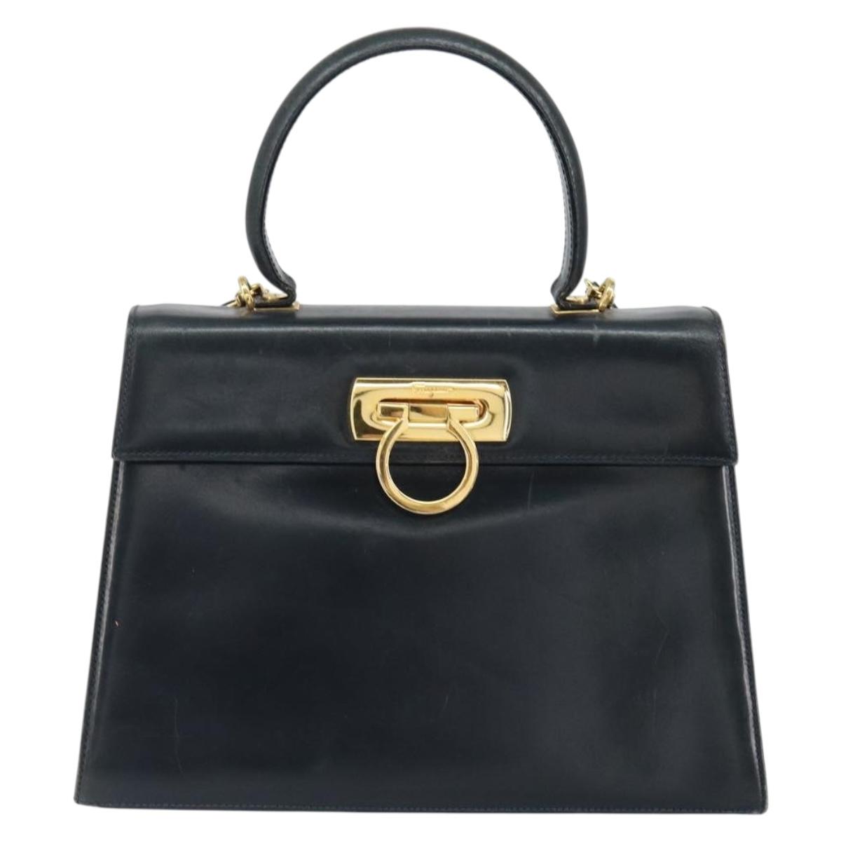 Salvatore Ferragamo Gancini Hand Bag Leather 2way Navy Gold Auth 147081