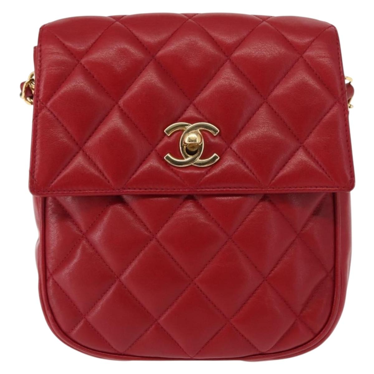 CHANEL Matelasse Chain Shoulder Bag Lamb Skin Red Gold CC Auth 147088