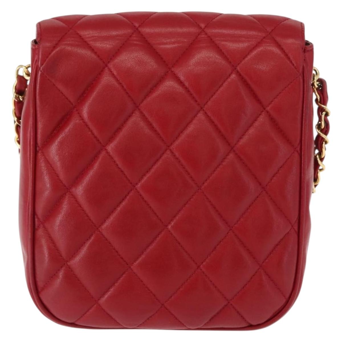 CHANEL Matelasse Chain Shoulder Bag Lamb Skin Red Gold CC Auth 147088