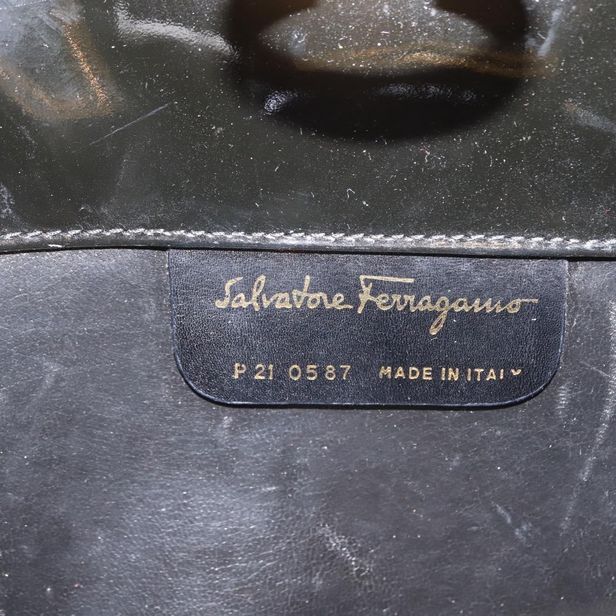 Salvatore Ferragamo Chain Gancini Shoulder Bag Enamel Black Gold Auth 147138