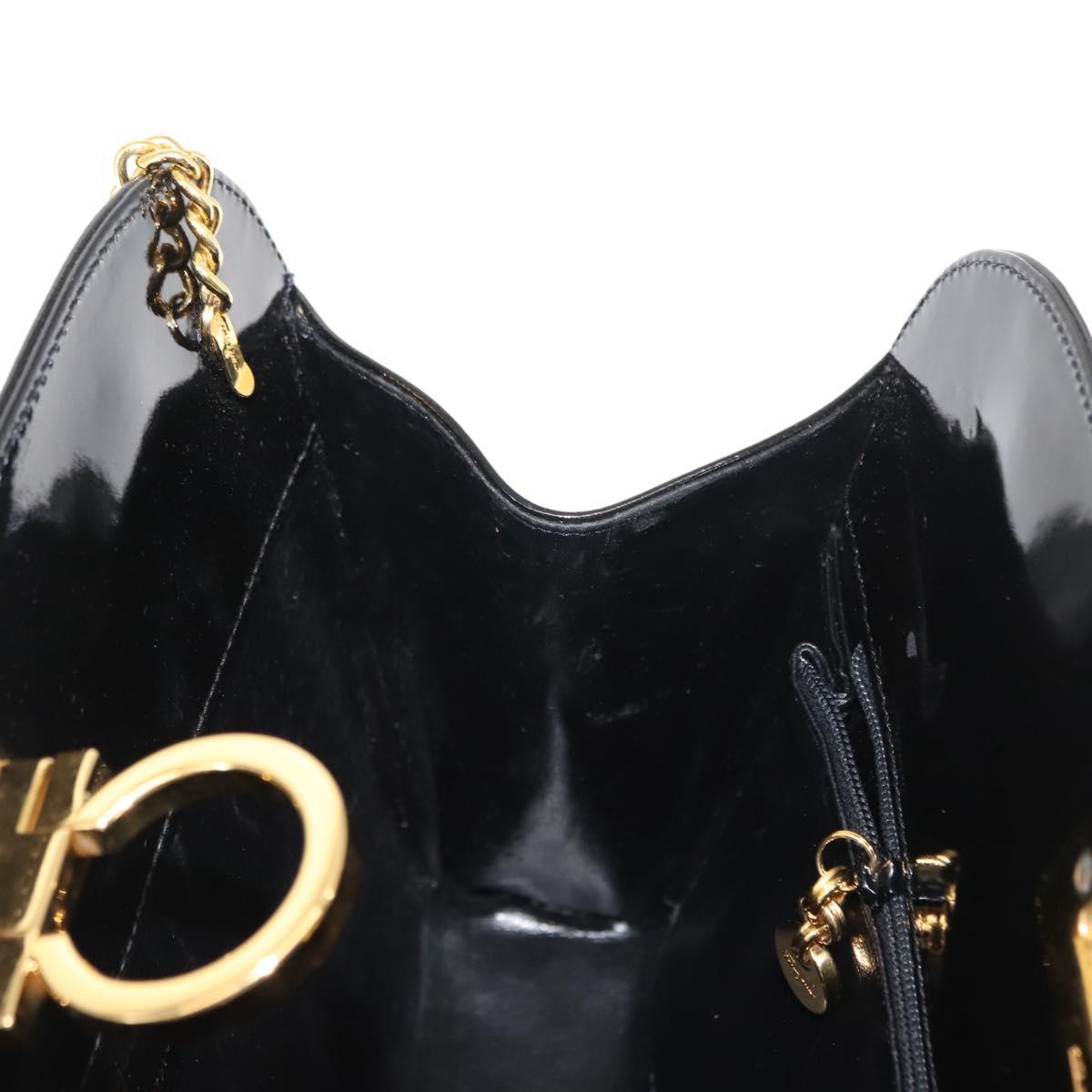 Salvatore Ferragamo Chain Gancini Shoulder Bag Enamel Black Gold Auth 147138