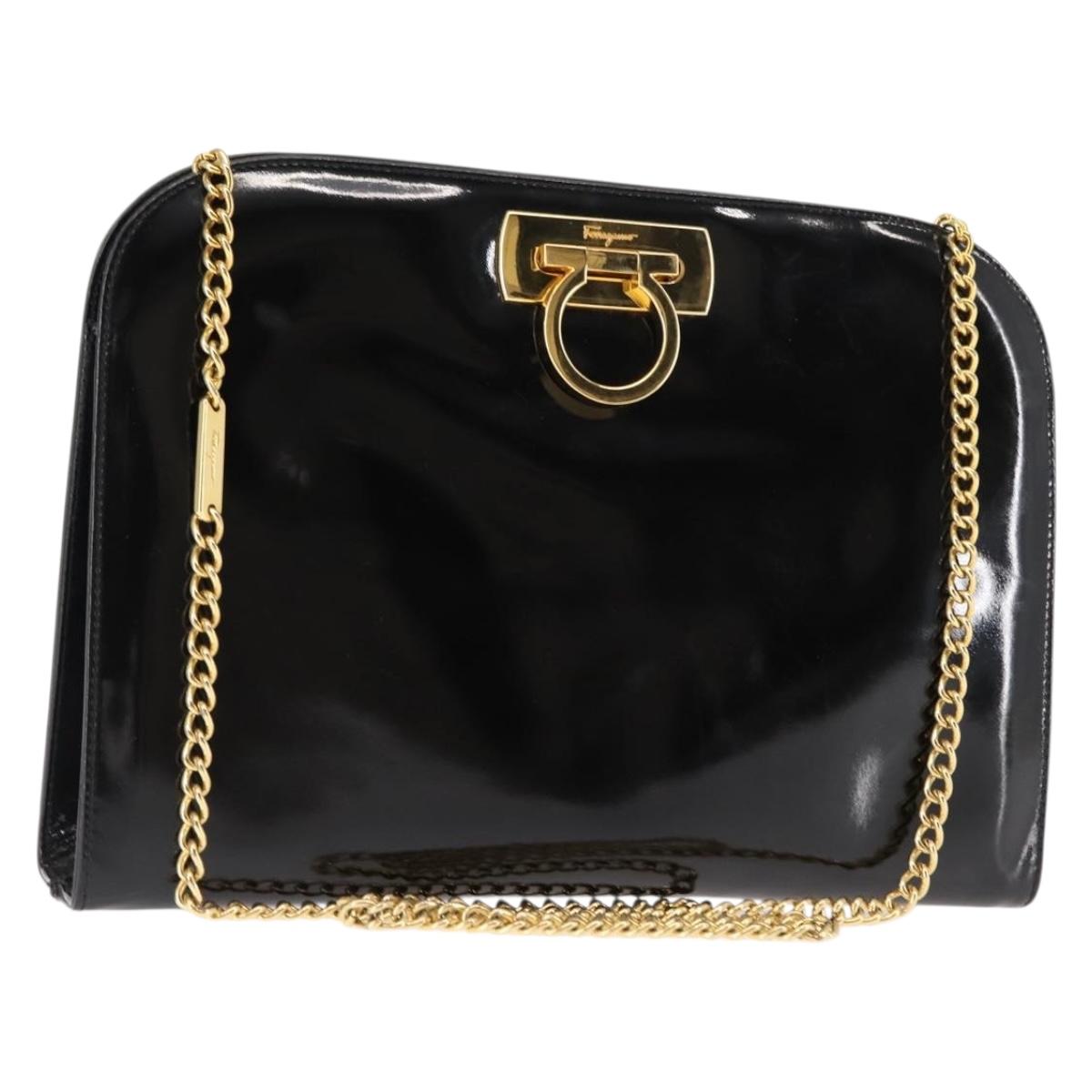 Salvatore Ferragamo Chain Gancini Shoulder Bag Enamel Black Gold Auth 147138