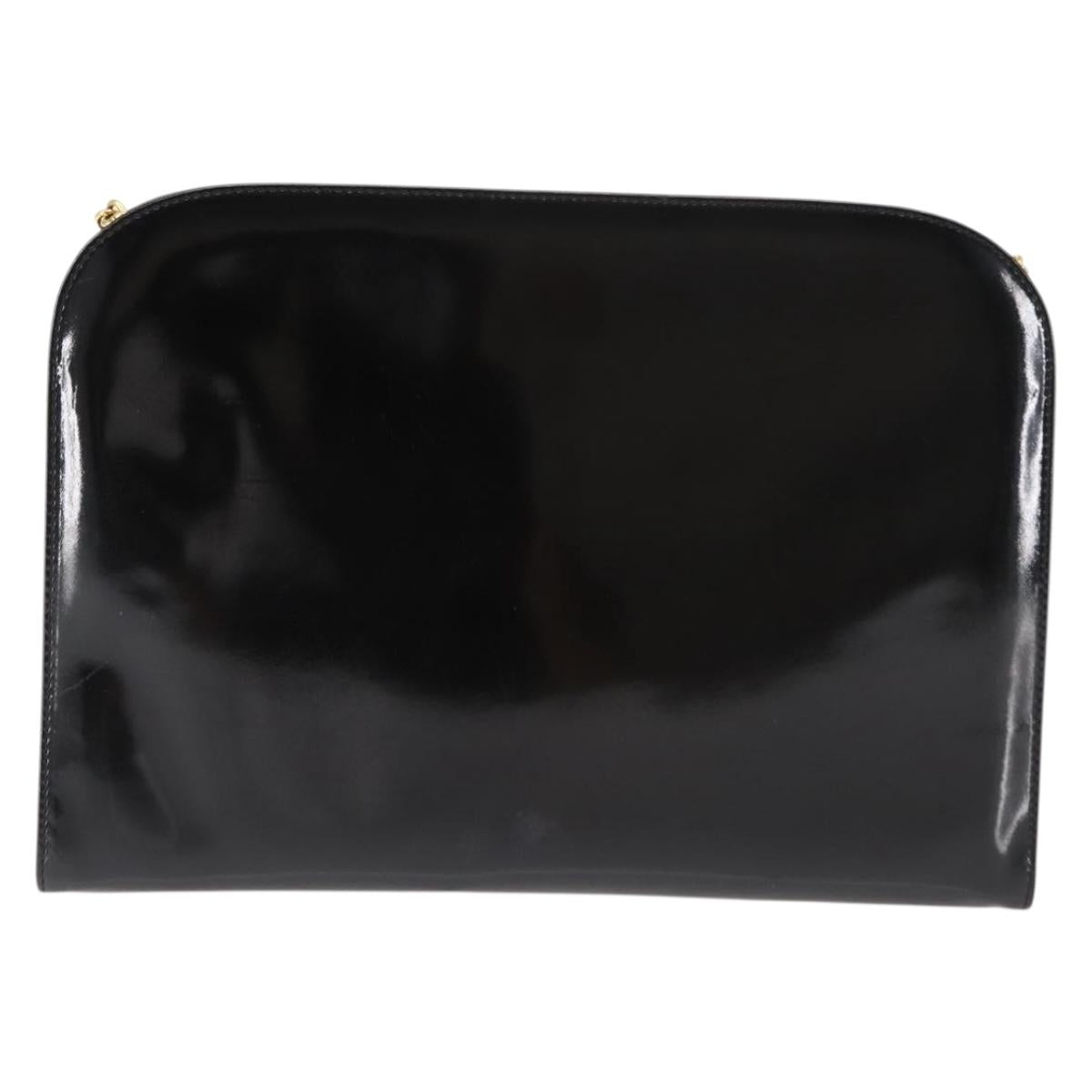 Salvatore Ferragamo Chain Gancini Shoulder Bag Enamel Black Gold Auth 147138