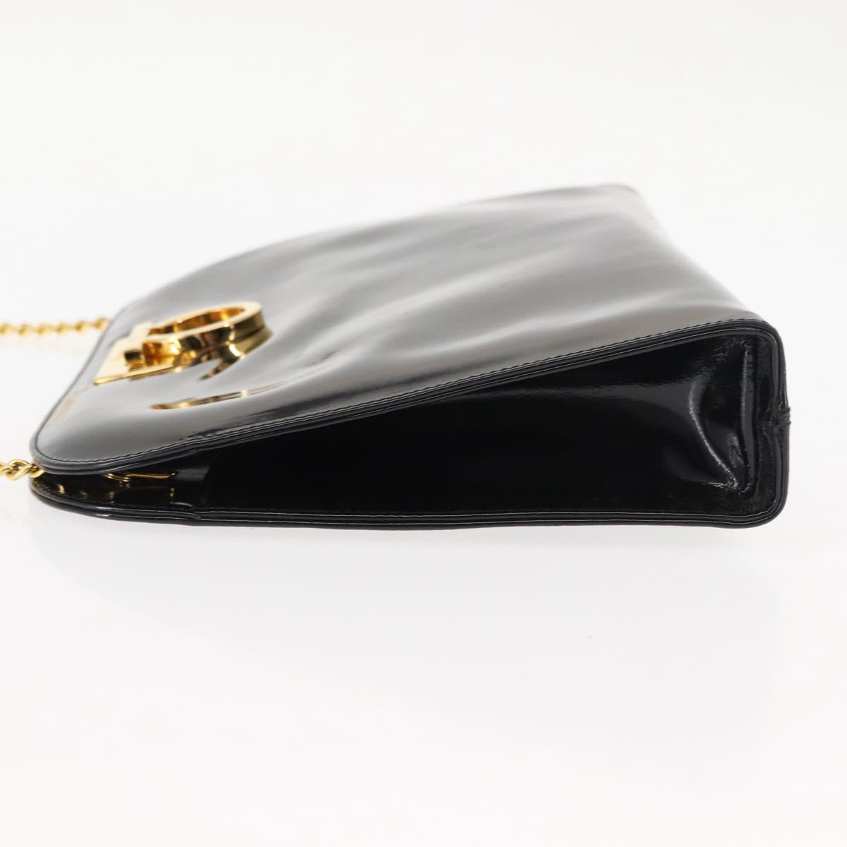 Salvatore Ferragamo Chain Gancini Shoulder Bag Enamel Black Gold Auth 147138