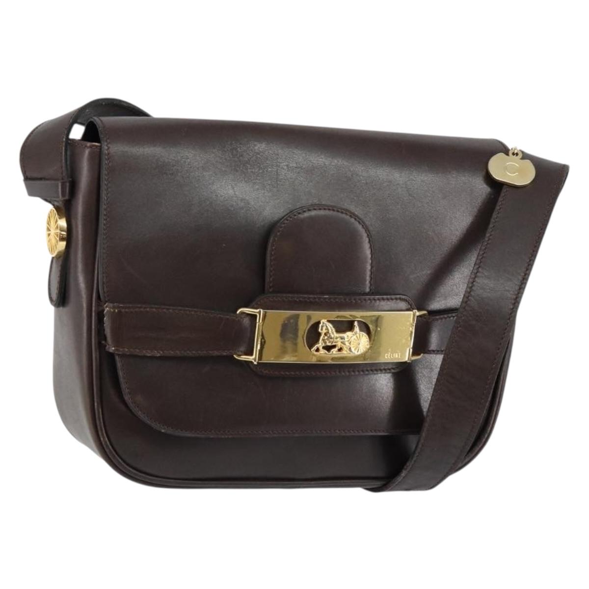 CELINE Horse Carriage Shoulder Bag Leather Brown Gold Auth 147141