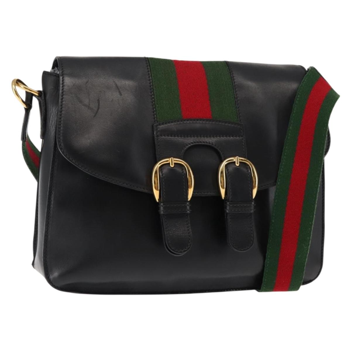 GUCCI Web Sherry Line Shoulder Bag Leather Black Gold 001 1014 1660 Auth 147145