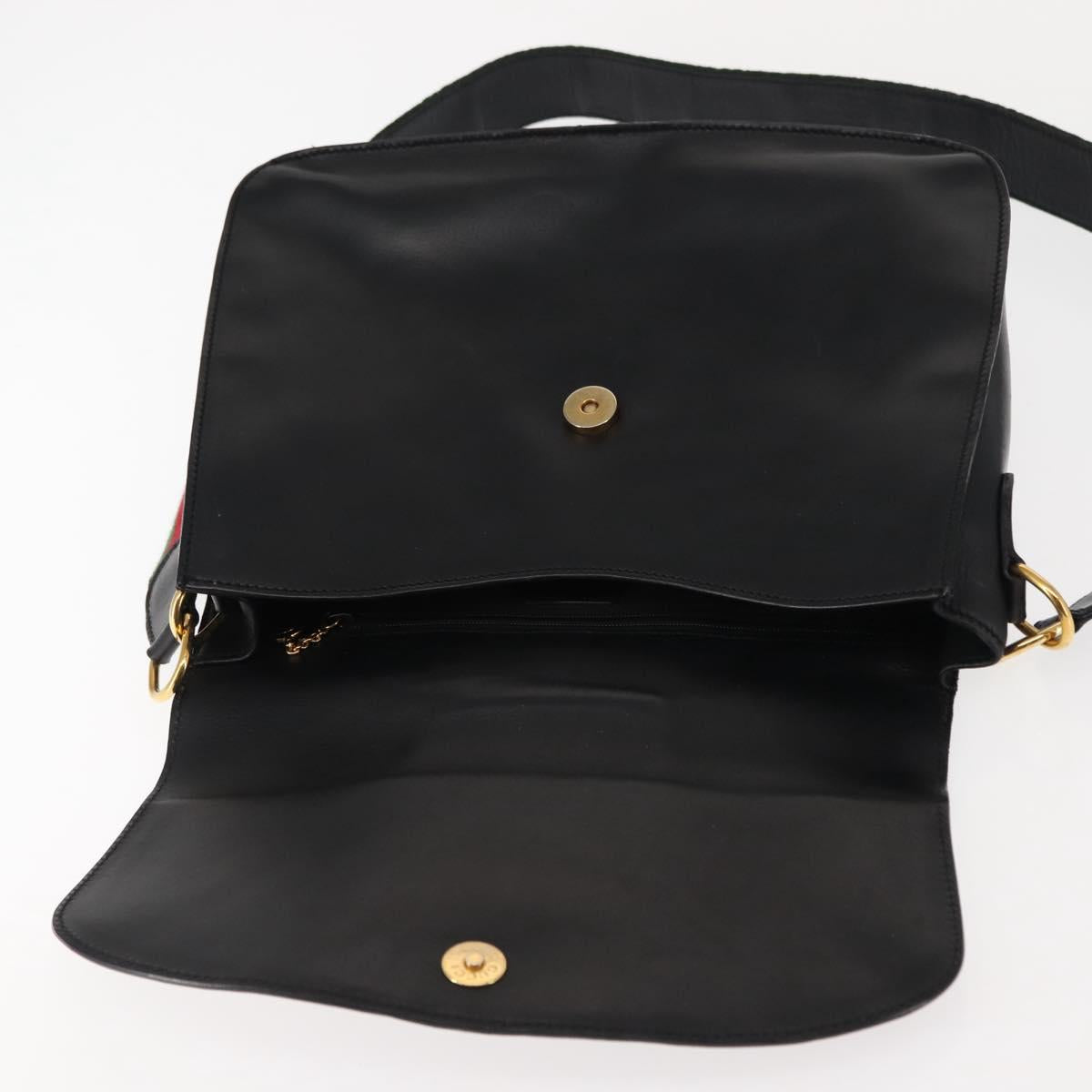 GUCCI Web Sherry Line Shoulder Bag Leather Black Gold 001 1014 1660 Auth 147145