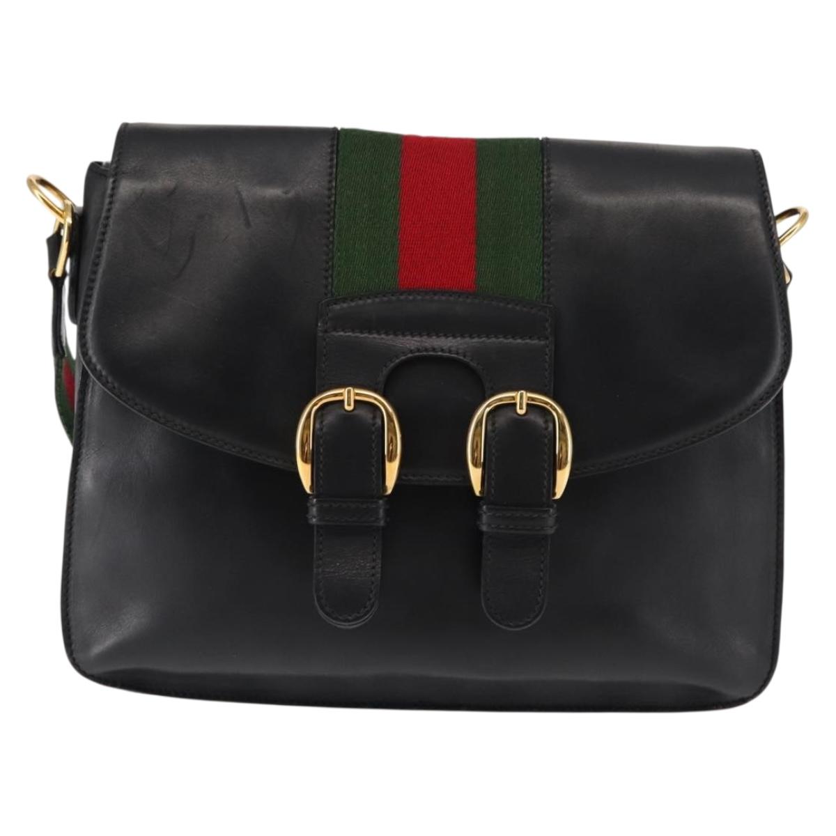 GUCCI Web Sherry Line Shoulder Bag Leather Black Gold 001 1014 1660 Auth 147145