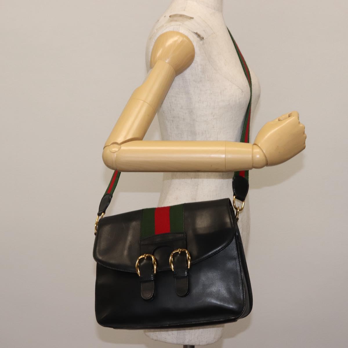 GUCCI Web Sherry Line Shoulder Bag Leather Black Gold 001 1014 1660 Auth 147145
