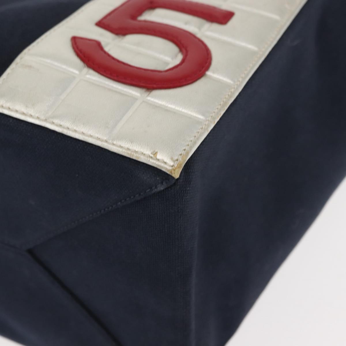 CHANEL Choco Bar Chain Tote Bag No5 Canvas Navy Silver CC Auth 147149