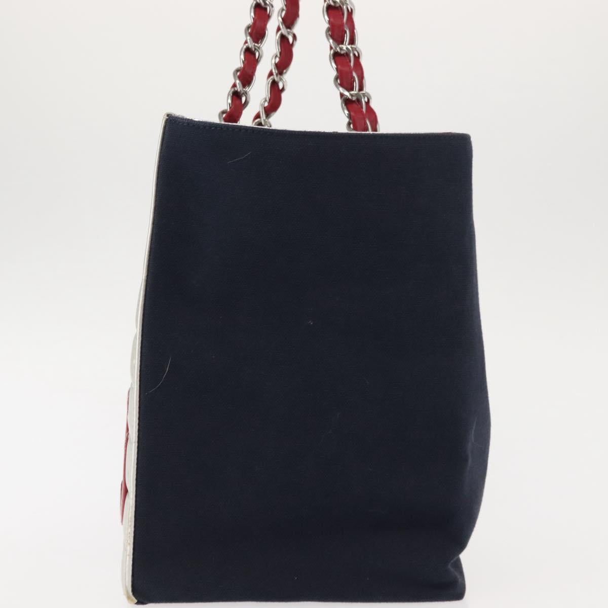 CHANEL Choco Bar Chain Tote Bag No5 Canvas Navy Silver CC Auth 147149
