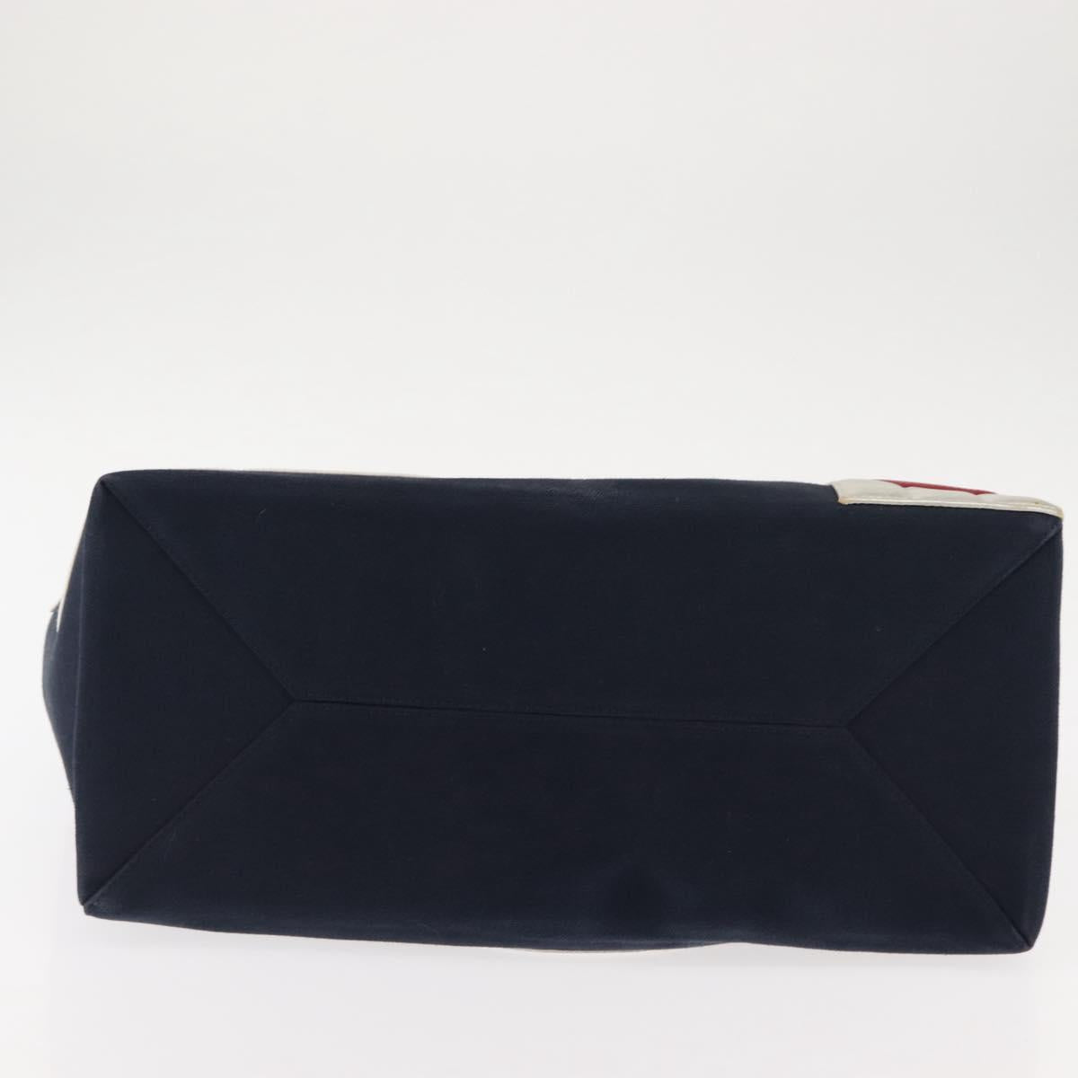 CHANEL Choco Bar Chain Tote Bag No5 Canvas Navy Silver CC Auth 147149