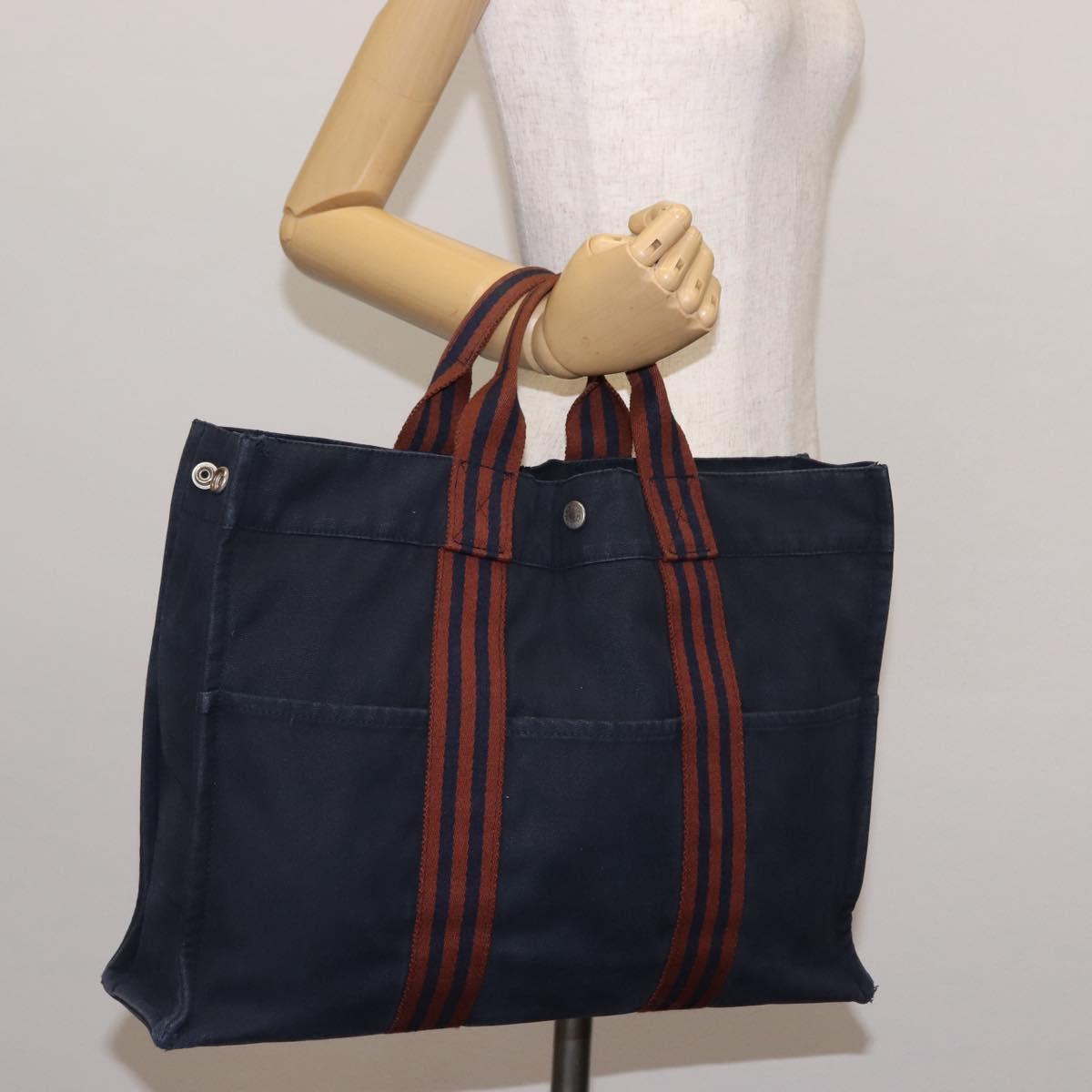 HERMES Fourre ToutMM Hand Bag Canvas Navy Brown Auth 147150