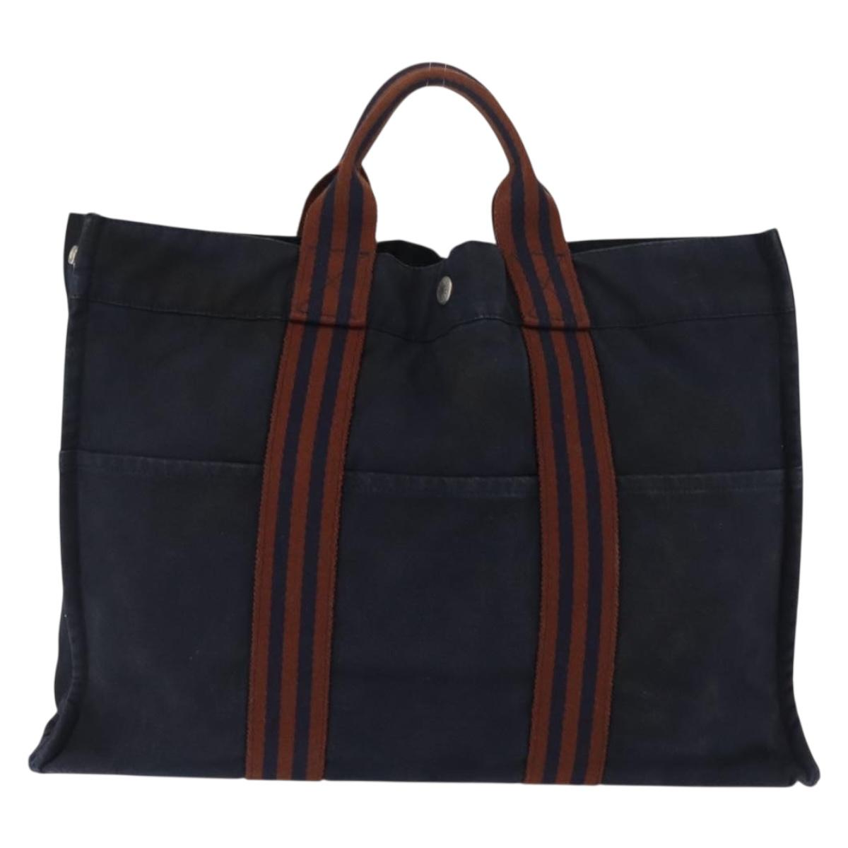 HERMES Fourre ToutMM Hand Bag Canvas Navy Brown Auth 147150