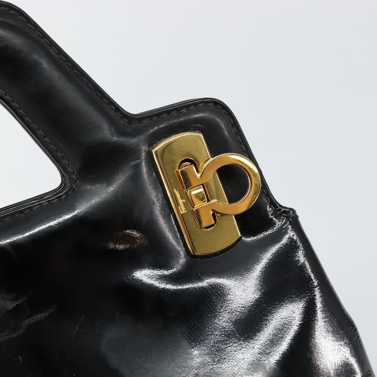 Salvatore Ferragamo Gancini Hand Bag Enamel 2way Black Gold Auth 147151