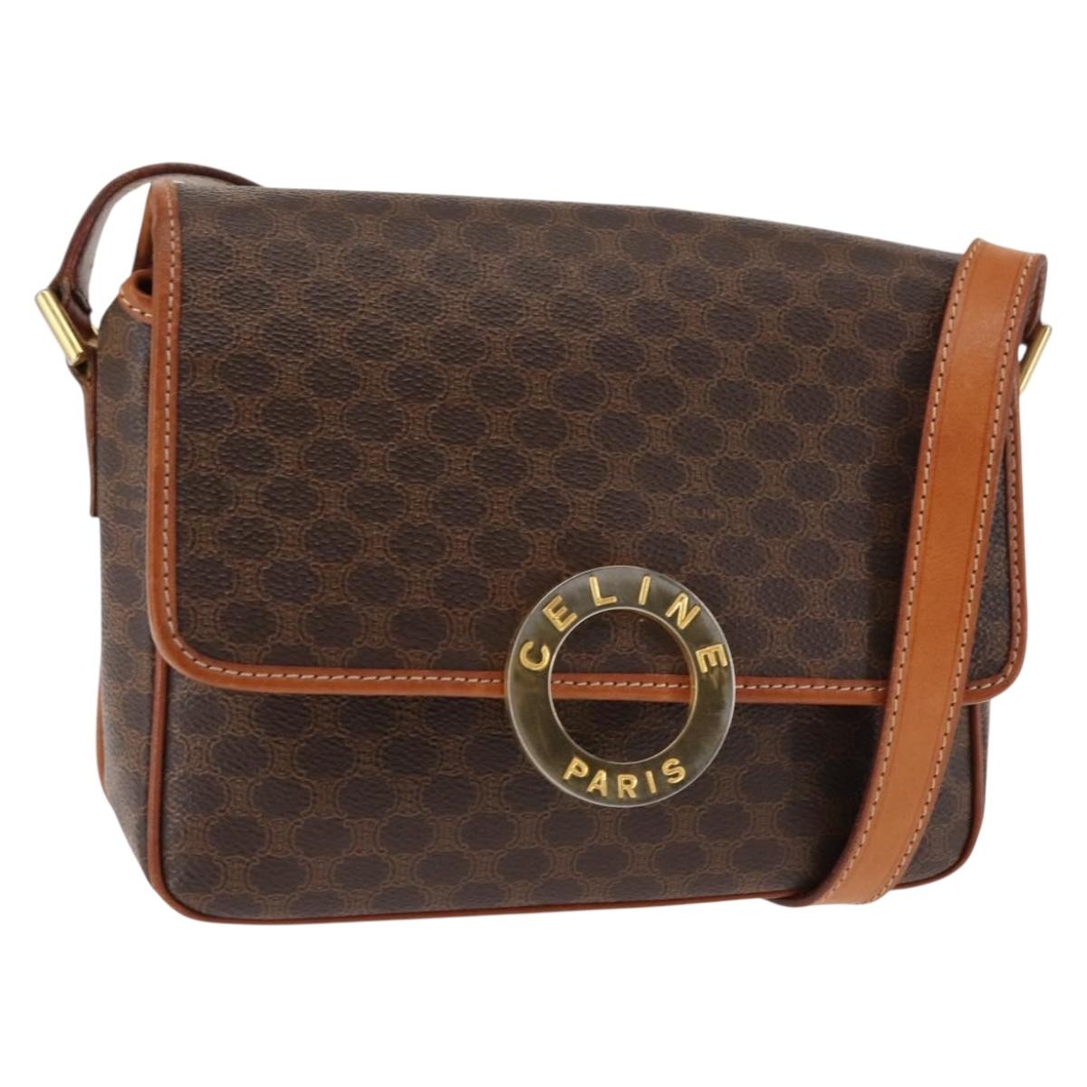 CELINE Macadam Canvas Circle Shoulder Bag PVC Leather Brown Gold Auth 147158