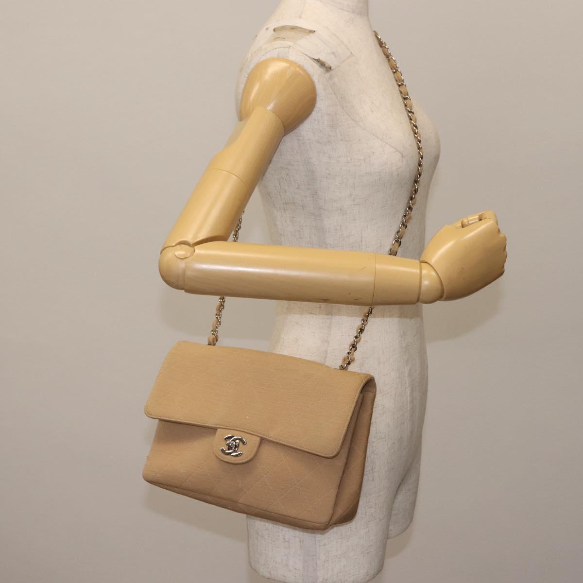 CHANEL Matelasse25 Chain Shoulder Bag cotton Beige Silver CC Auth 147227