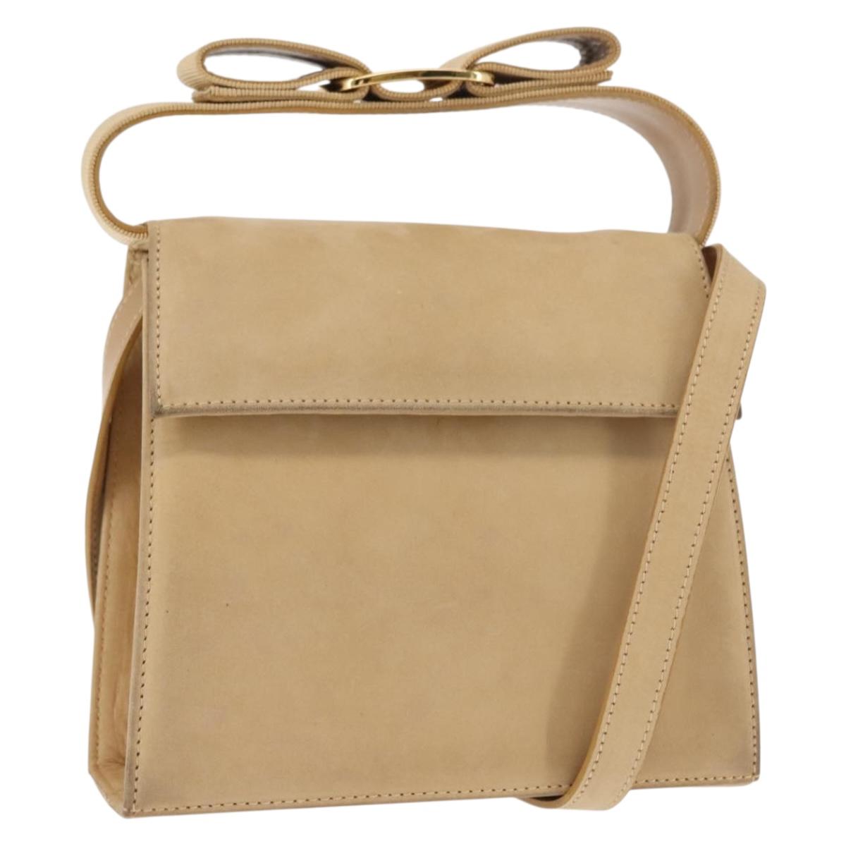 Salvatore Ferragamo Vala Hand Bag Suede 2way Beige Gold Auth 147228