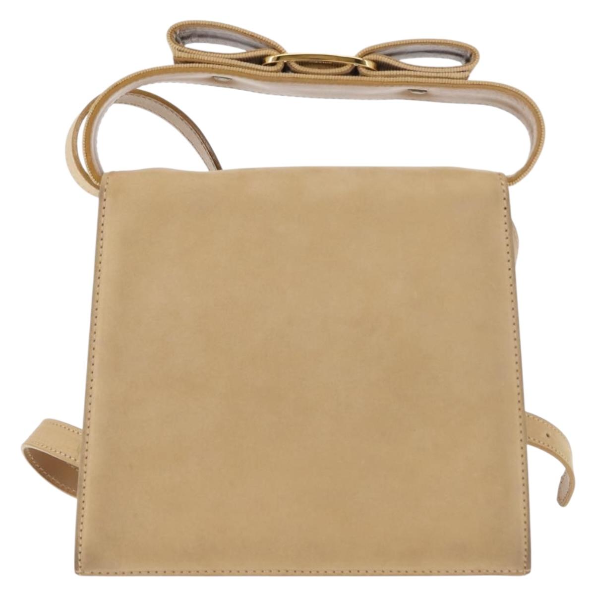 Salvatore Ferragamo Vala Hand Bag Suede 2way Beige Gold Auth 147228