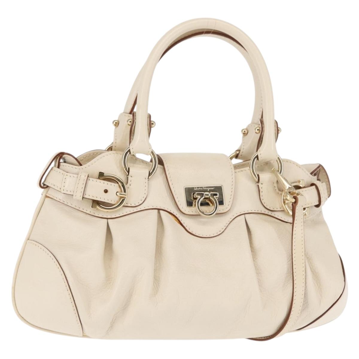 Salvatore Ferragamo Gancini Hand Bag Leather 2way White Gold Auth 147238