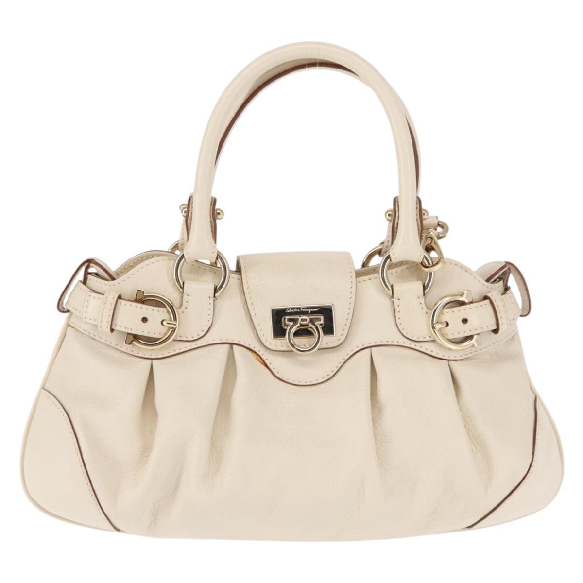 Salvatore Ferragamo Gancini Hand Bag Leather 2way White Gold Auth 147238