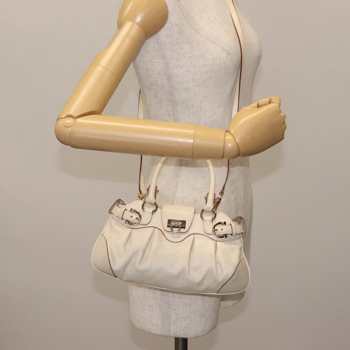 Salvatore Ferragamo Gancini Hand Bag Leather 2way White Gold Auth 147238