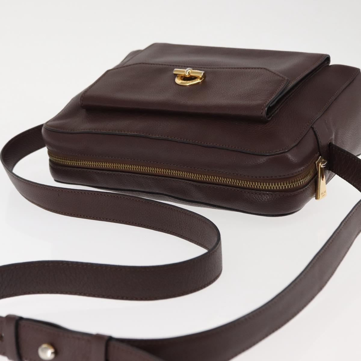 CELINE Circle Shoulder Bag Leather Bordeaux Gold Auth 147239