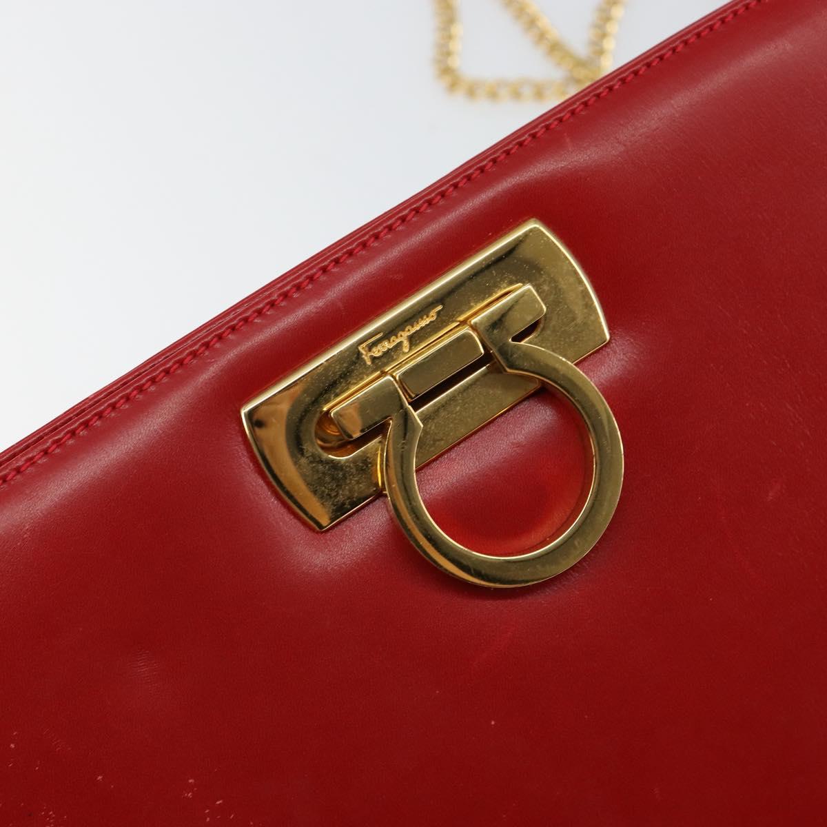 Salvatore Ferragamo Gancini Chain Shoulder Bag Leather Red Auth 147382