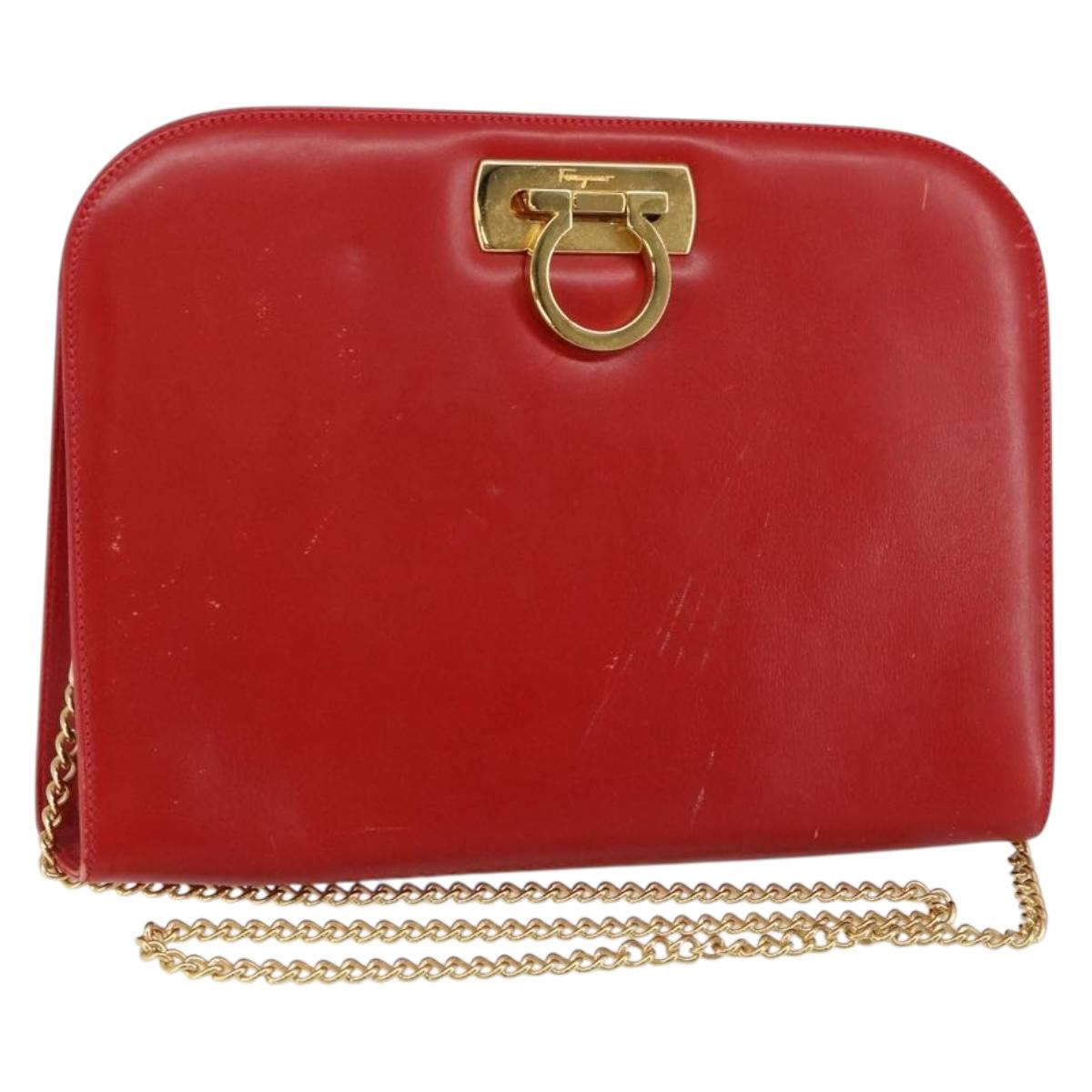Salvatore Ferragamo Gancini Chain Shoulder Bag Leather Red Auth 147382