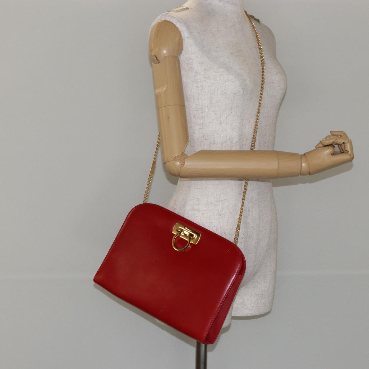 Salvatore Ferragamo Gancini Chain Shoulder Bag Leather Red Auth 147382