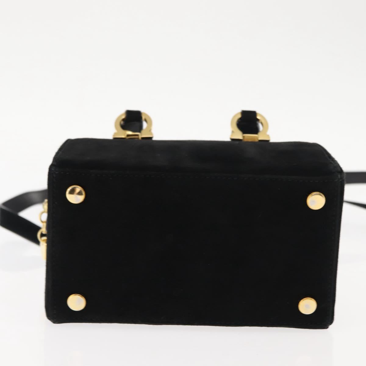 Salvatore Ferragamo Gancini Hand Bag Suede Leather 2way Black Gold Auth 147383