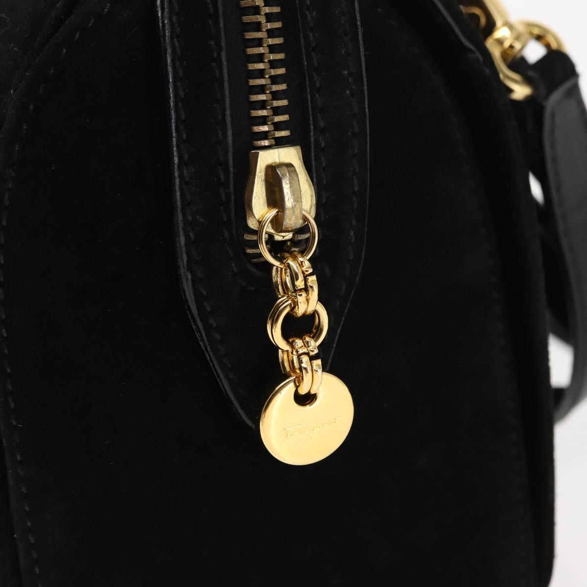 Salvatore Ferragamo Gancini Hand Bag Suede Leather 2way Black Gold Auth 147383