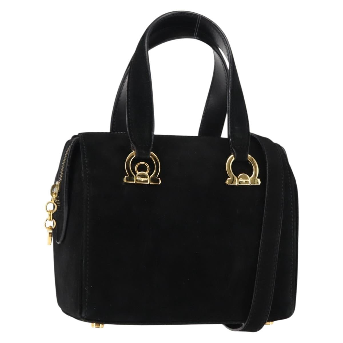 Salvatore Ferragamo Gancini Hand Bag Suede Leather 2way Black Gold Auth 147383