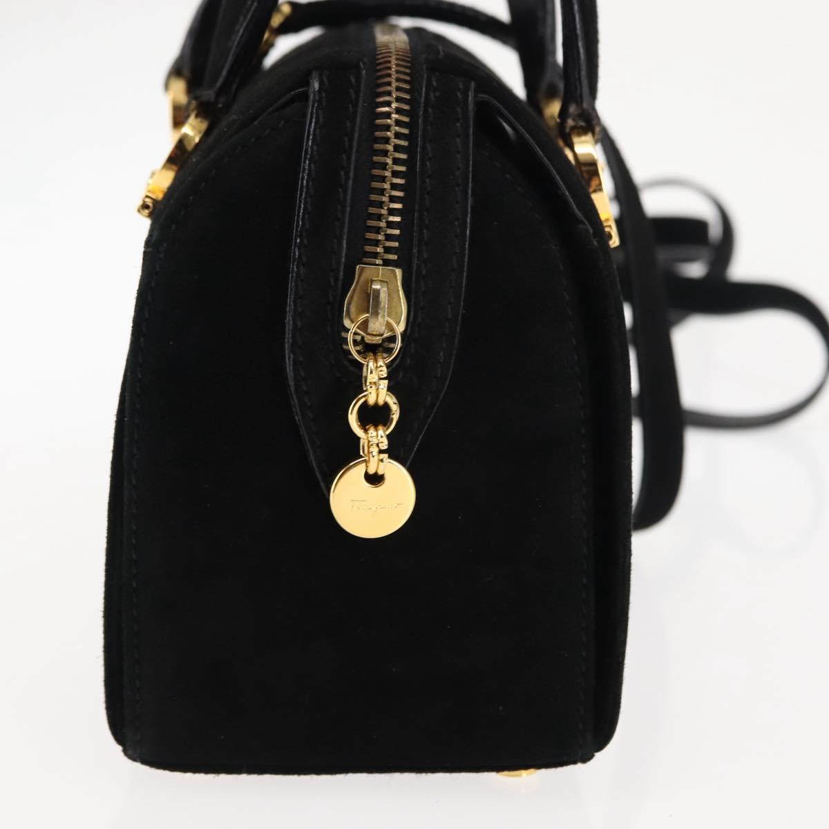 Salvatore Ferragamo Gancini Hand Bag Suede Leather 2way Black Gold Auth 147383